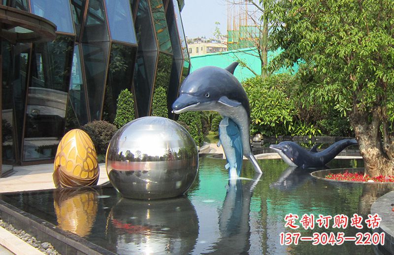 绵阳不锈钢海豚水景雕塑，企业公园园林创意景观雕塑