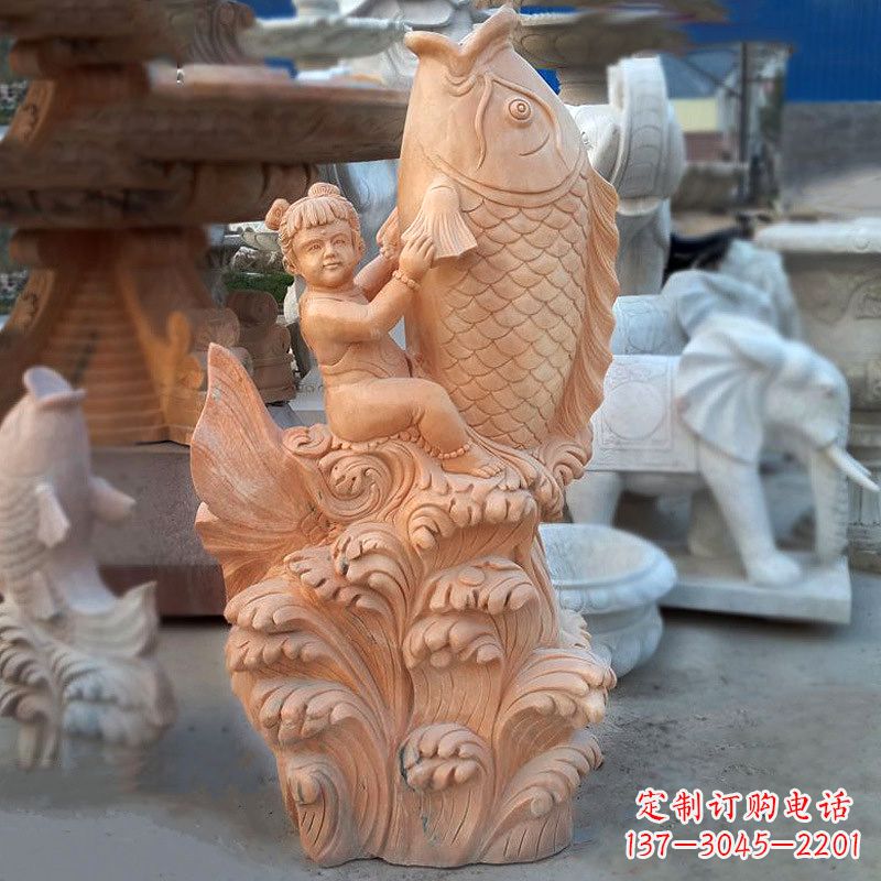 绵阳大型喷水鲤鱼景观雕塑-晚霞红石雕动物喷泉