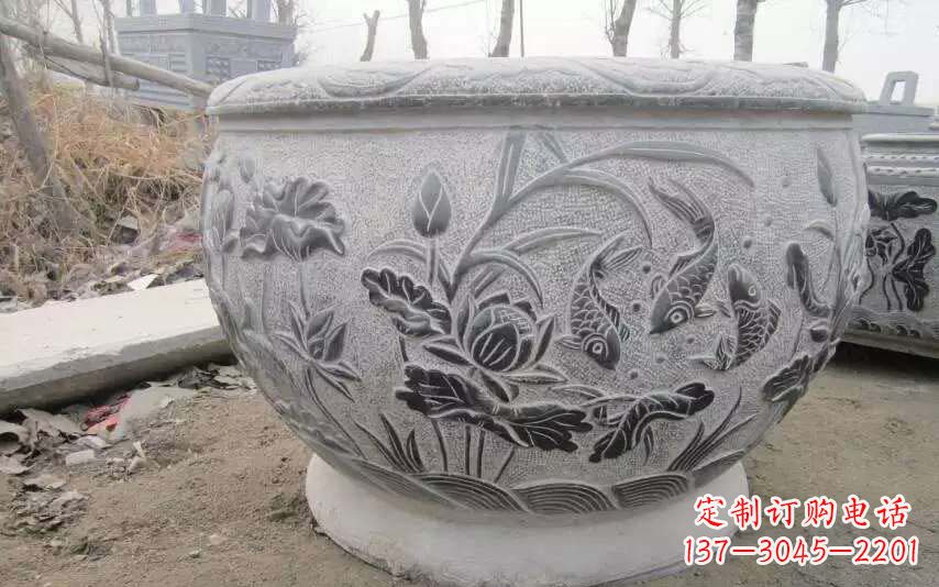 绵阳仿古雕刻鲤鱼石浮雕水缸