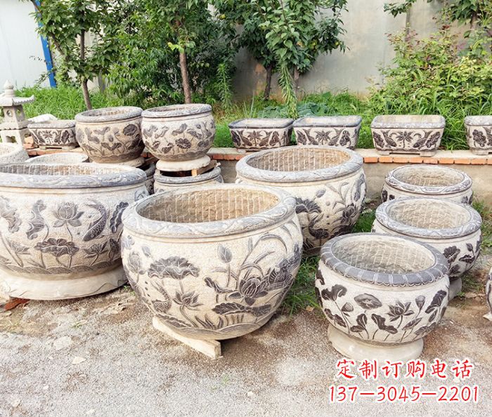 绵阳仿古石雕鲤鱼浮雕水缸