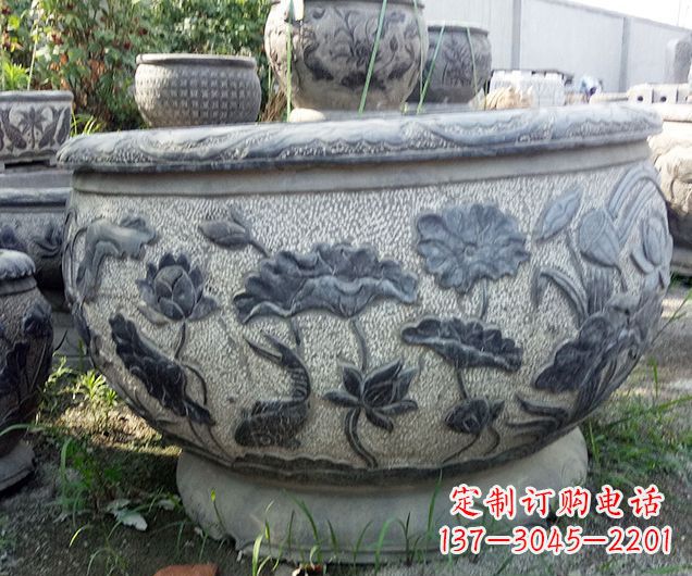 绵阳中领雕塑仿古荷花石浮雕水缸
