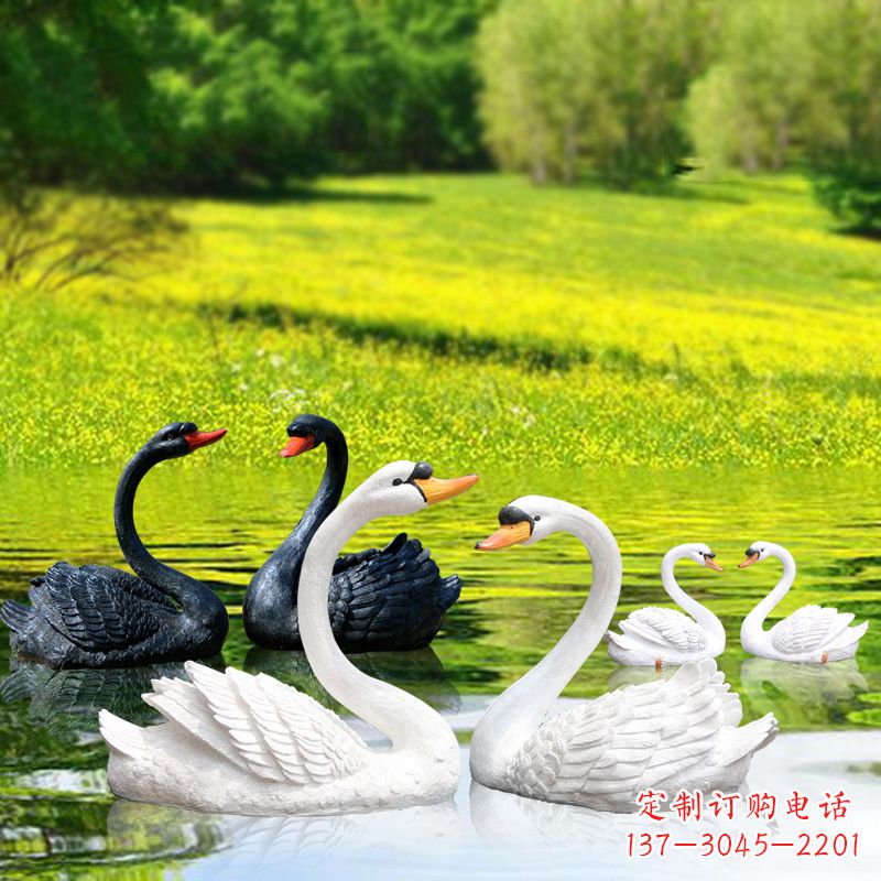 绵阳仿真天鹅玻璃钢雕塑-黑白天鹅园林水景装饰动物摆件