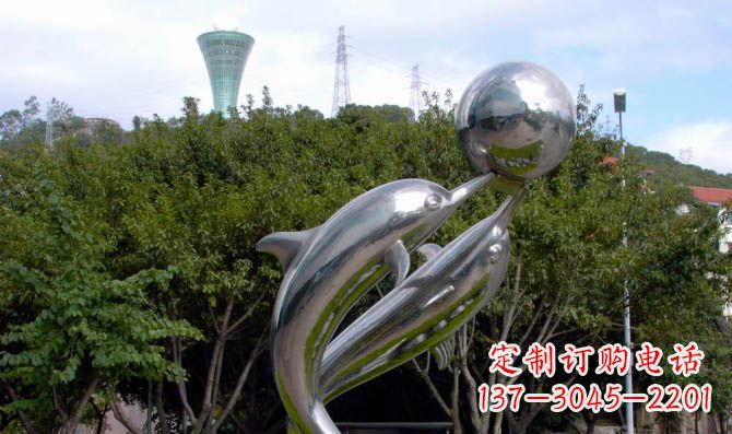 绵阳高贵静谧的不锈钢海豚顶球雕塑
