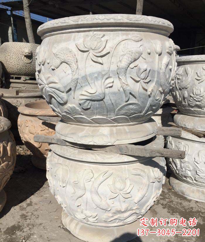 绵阳公园汉白玉连年有余浮雕圆形荷花石水缸