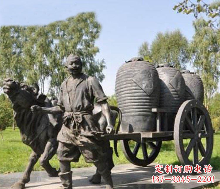 绵阳公园驾着牛车拉酒缸的古代人物小品铜雕