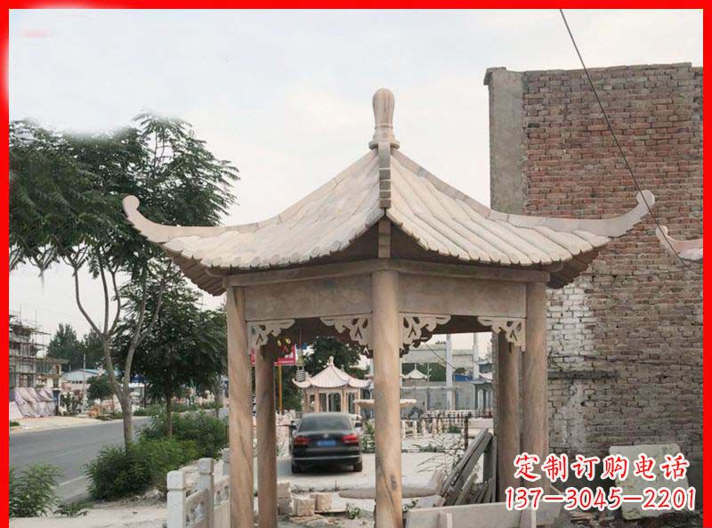 绵阳公园晚霞红六角石凉亭雕塑