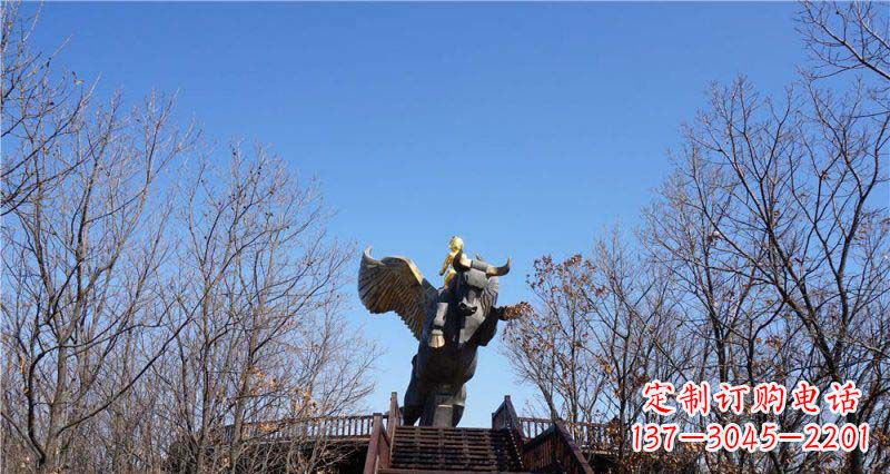 绵阳精美铜雕雕塑——可爱小男孩站在飞牛上