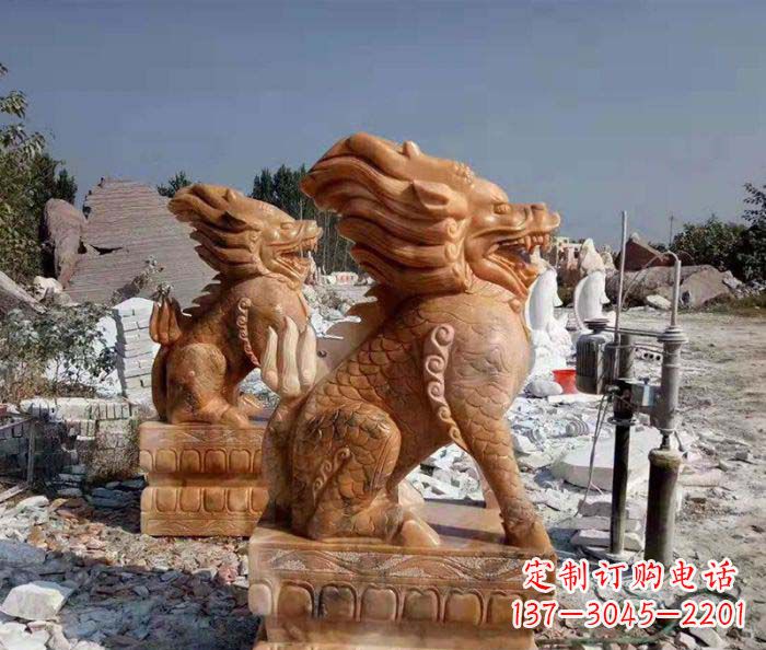 绵阳精美绝伦,古典神兽晚霞红石雕麒麟