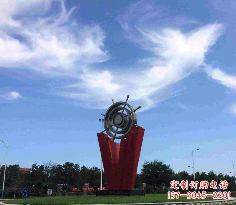 绵阳海上风情,精致大气的不锈钢船舵雕塑