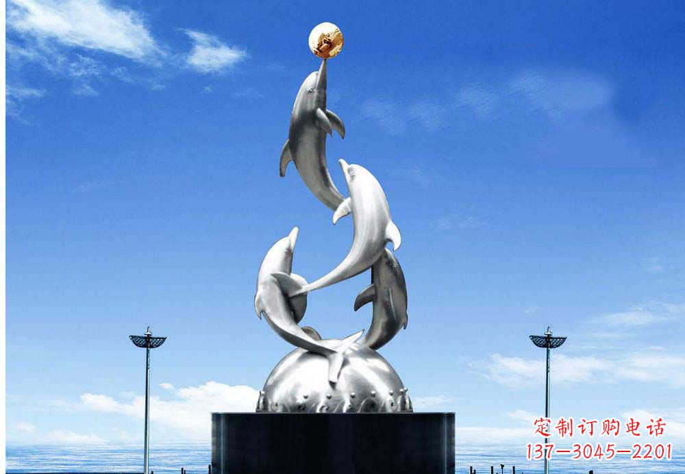 绵阳广场不锈钢海豚顶球雕塑