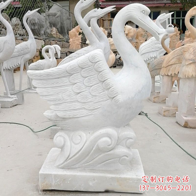 绵阳汉白玉大理石吐水天鹅,水景水池装饰动物雕塑
