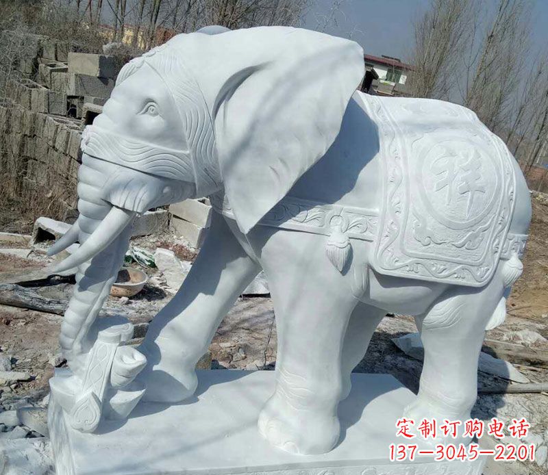 绵阳汉白玉吉祥门口鼻卷如意大象石雕