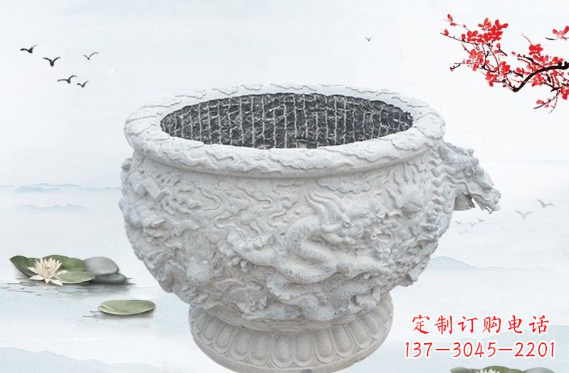 绵阳汉白玉龙浮雕水缸,传承传统经典