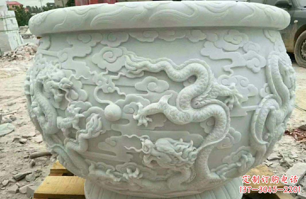 绵阳汉白玉龙浮雕水缸雕塑
