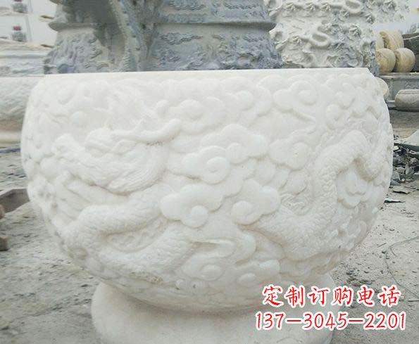 绵阳汉白玉龙浮雕招财水缸,让你家居多一份福气
