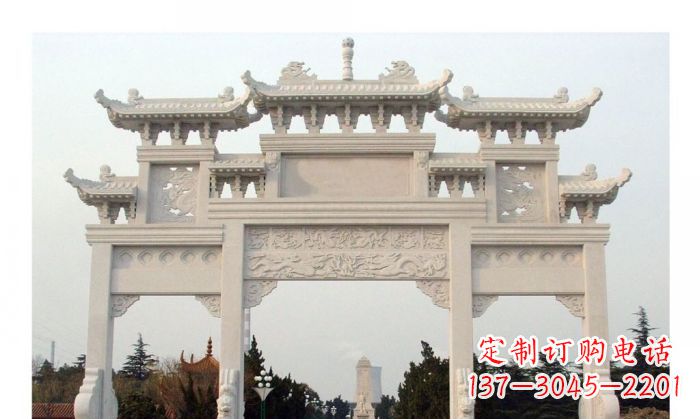 绵阳汉白玉三门牌坊石雕艺术品