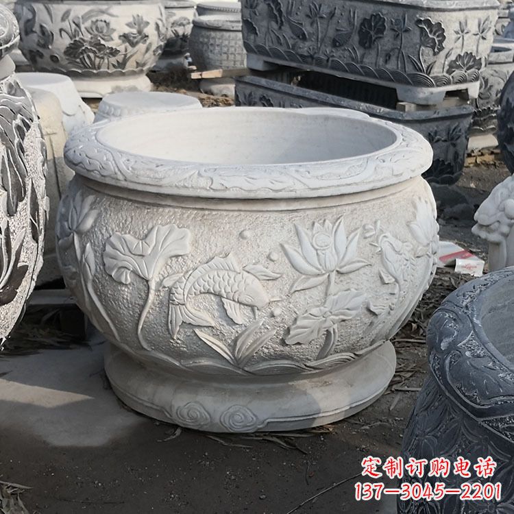 绵阳中领雕塑汉白玉石鱼缸雕塑,是一种精美的装…