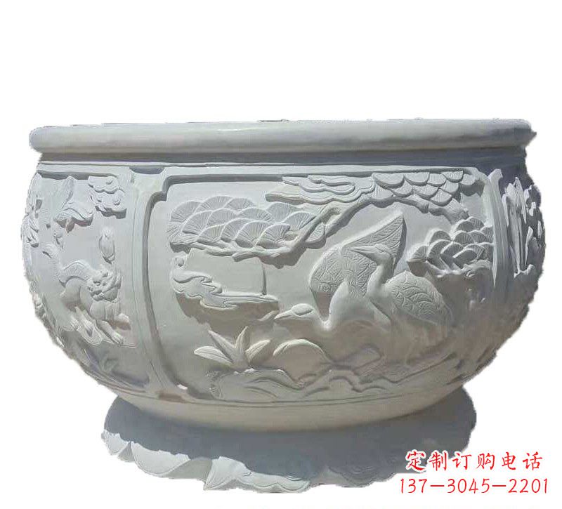 绵阳汉白玉松鹤延年浮雕水缸