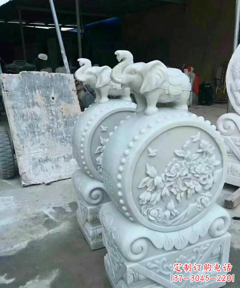绵阳汉白玉小象抱鼓石雕