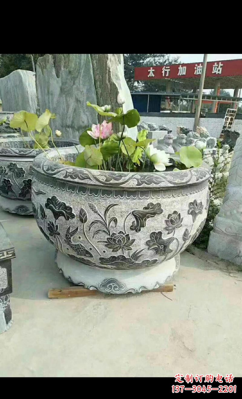 绵阳精美荷花鲤鱼石浮雕水缸