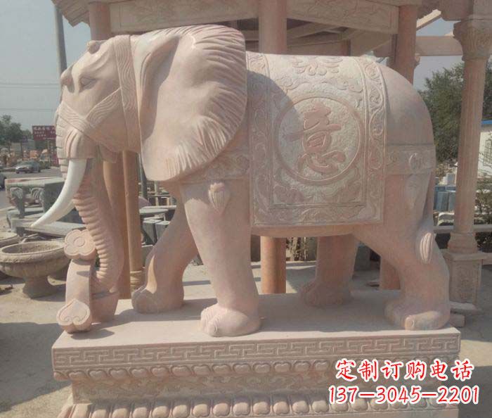 绵阳传神雕刻,精美雕塑——吉祥如意大象晚霞红门口石雕