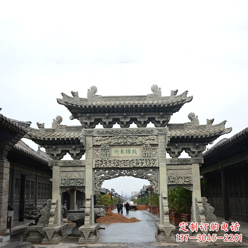 绵阳特色街道三门石雕牌楼雕塑