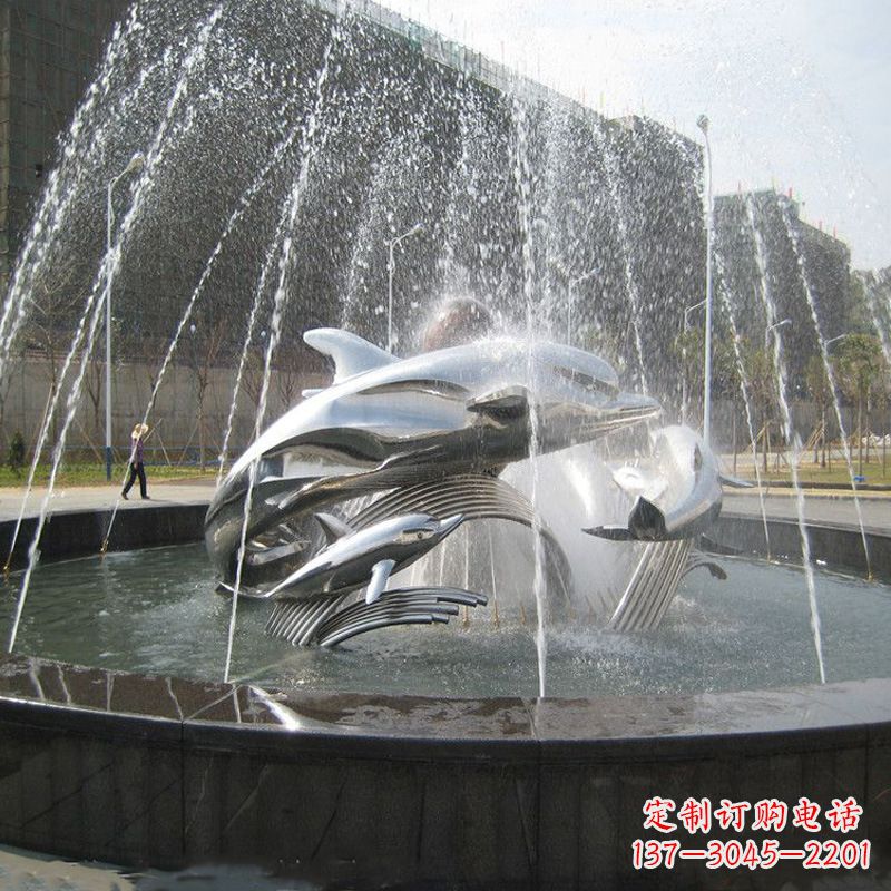 绵阳镜面不锈钢海豚喷泉睡觉动物雕塑