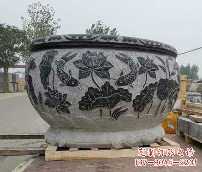 绵阳连年有余石浮雕仿古圆水缸 (2)