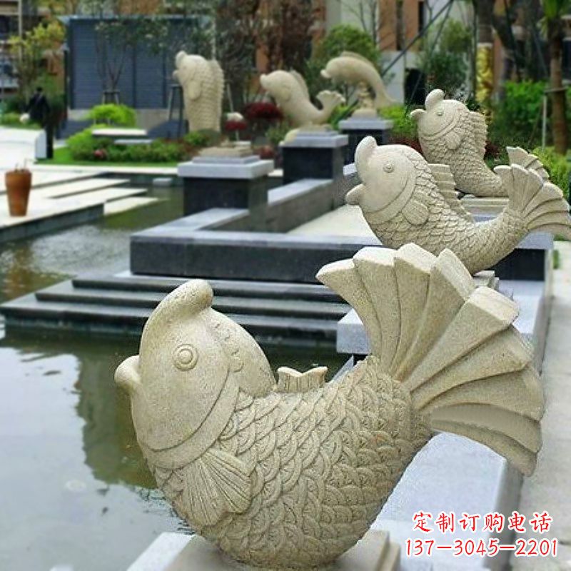 绵阳喷水鱼砂岩石雕-园林水池雕塑