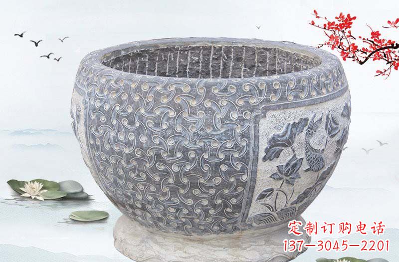 绵阳青石仿古鲤鱼浮雕水缸,精致雕塑设计