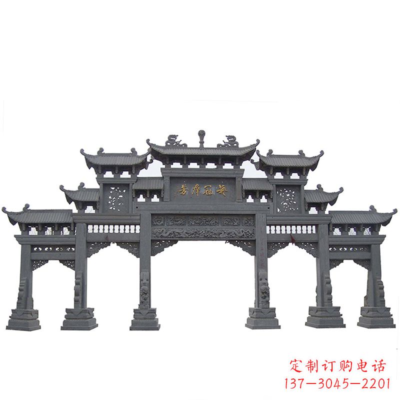 绵阳传承千年历史青石仿古五门石雕牌楼