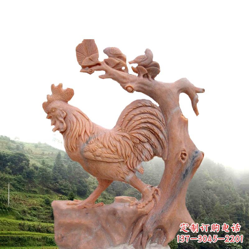 绵阳生肖动物酉鸡晚霞红石雕