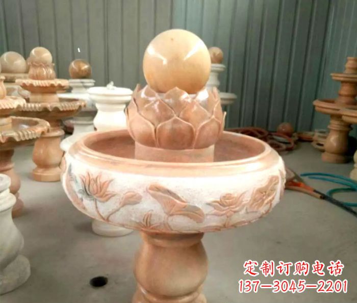 绵阳石来运转晚霞红风水球喷泉石雕