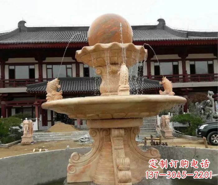 绵阳双层风水球喷泉晚霞红石雕