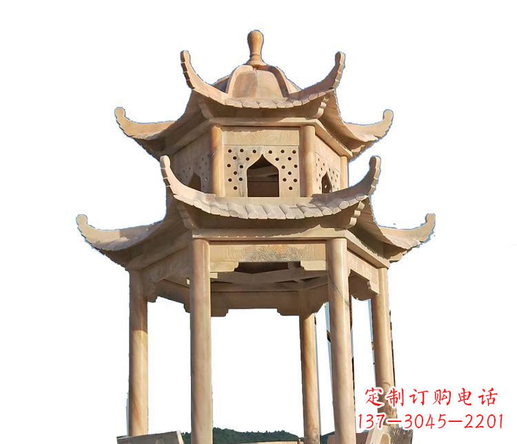 绵阳双层晚霞红凉亭石雕 (2)