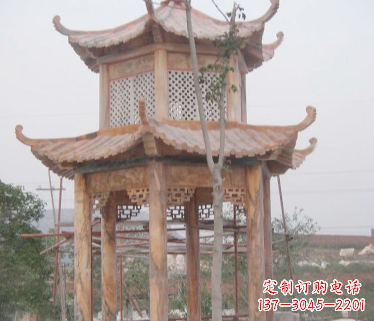 绵阳双层晚霞红石凉亭石雕 (2)