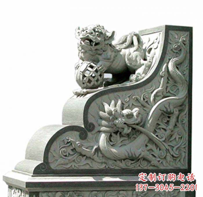 绵阳寺庙景观玩绣球狮子石雕门墩