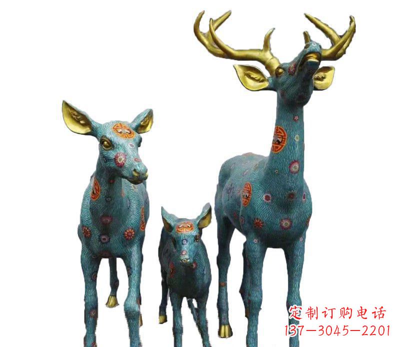 绵阳铜雕彩绘梅花鹿一家雕塑