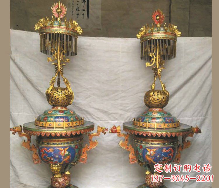 绵阳铜雕彩绘香炉景观摆件