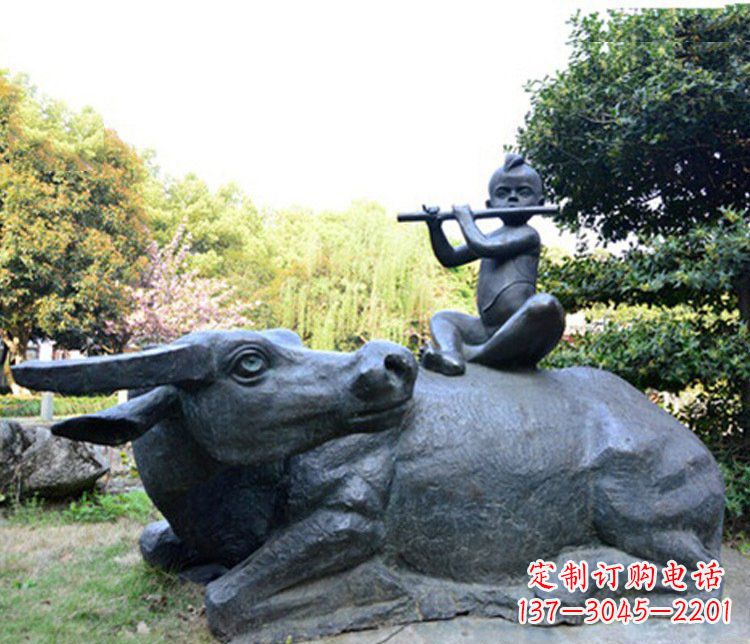 绵阳铜雕园林牧童骑牛景观摆件