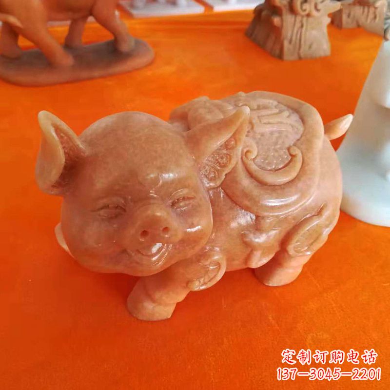 绵阳晚霞红大理石招财猪雕塑-企业商场创意生肖动物风水摆件