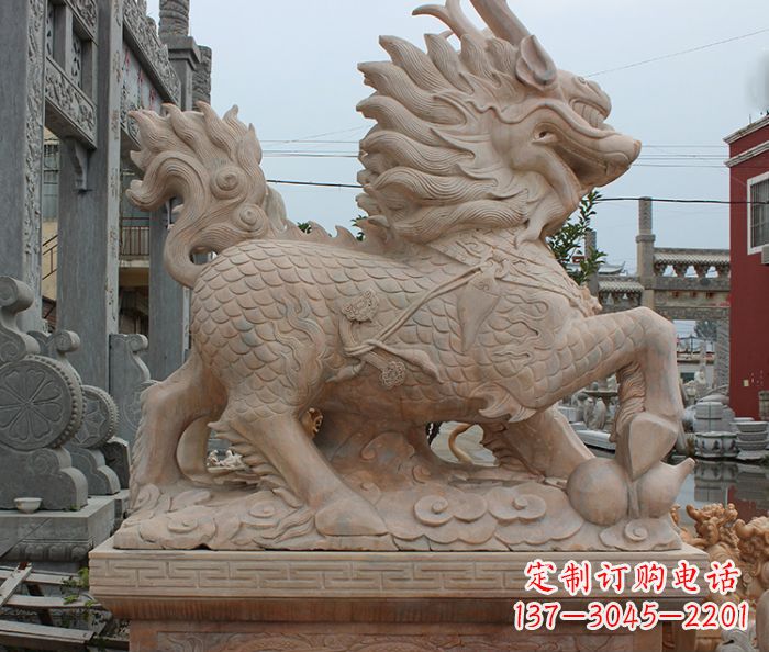 绵阳晚霞红古代神兽麒麟石雕