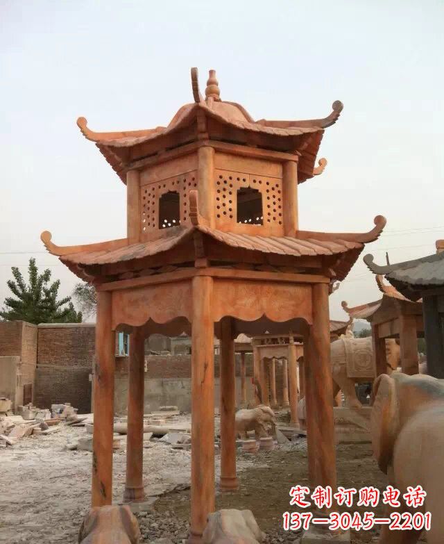 绵阳晚霞红双层凉亭石雕