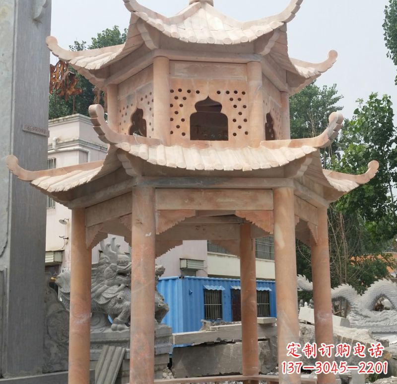 绵阳晚霞红双层六角凉亭石雕 (2)