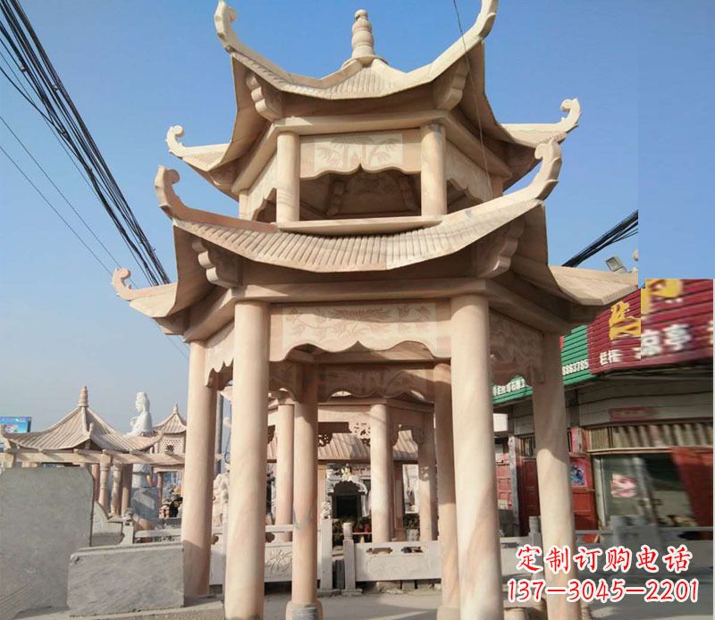 绵阳晚霞红双层六角凉亭石雕 (3)