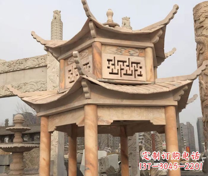 绵阳晚霞红双层石雕凉亭