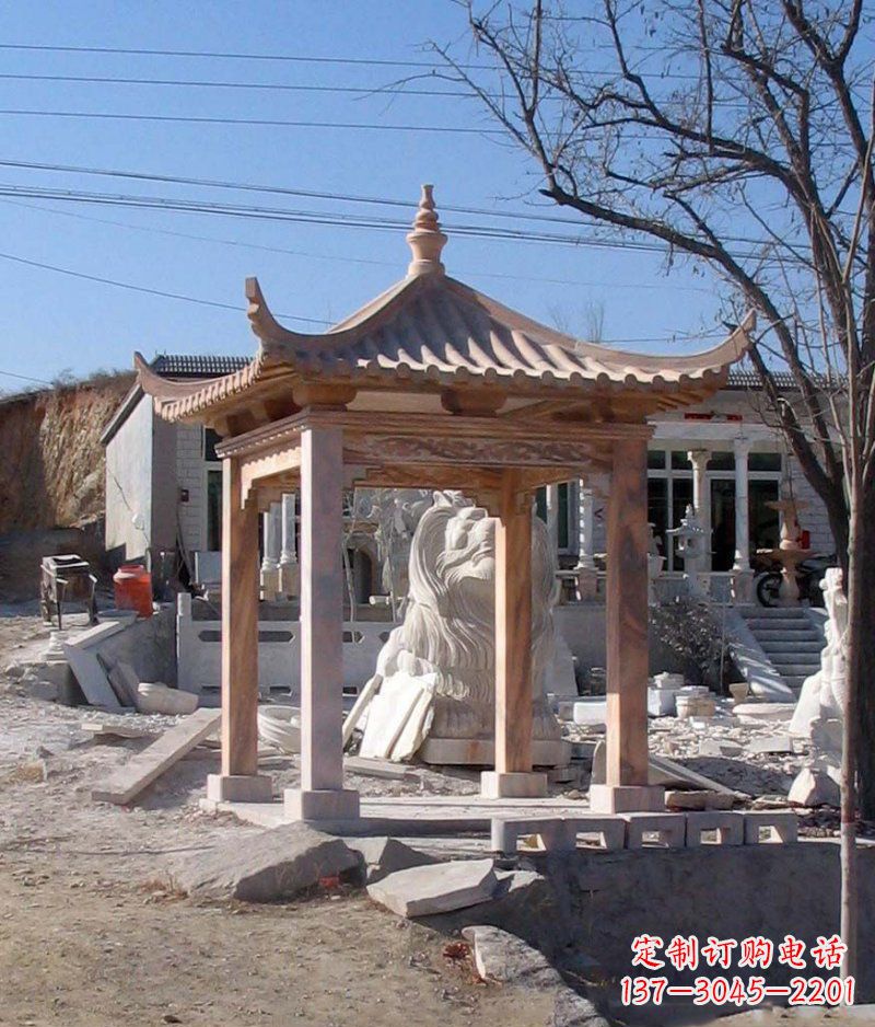 绵阳晚霞红四角凉亭景观石雕