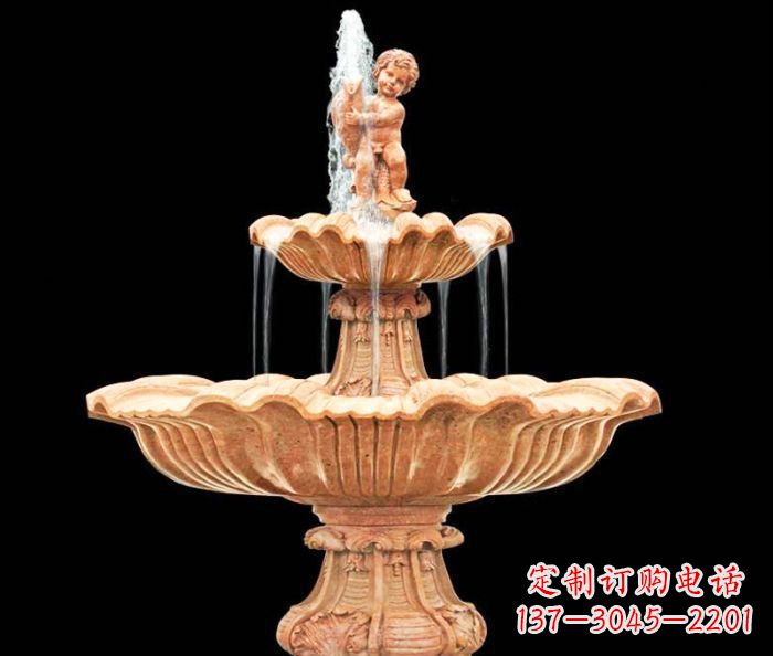 绵阳晚霞红小孩抱鱼石雕喷泉
