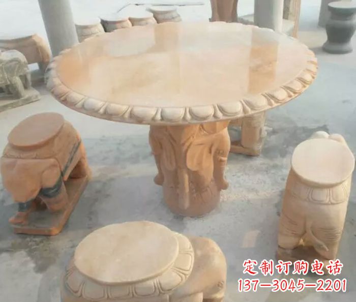 绵阳晚霞红小象桌凳别墅石雕 (2)