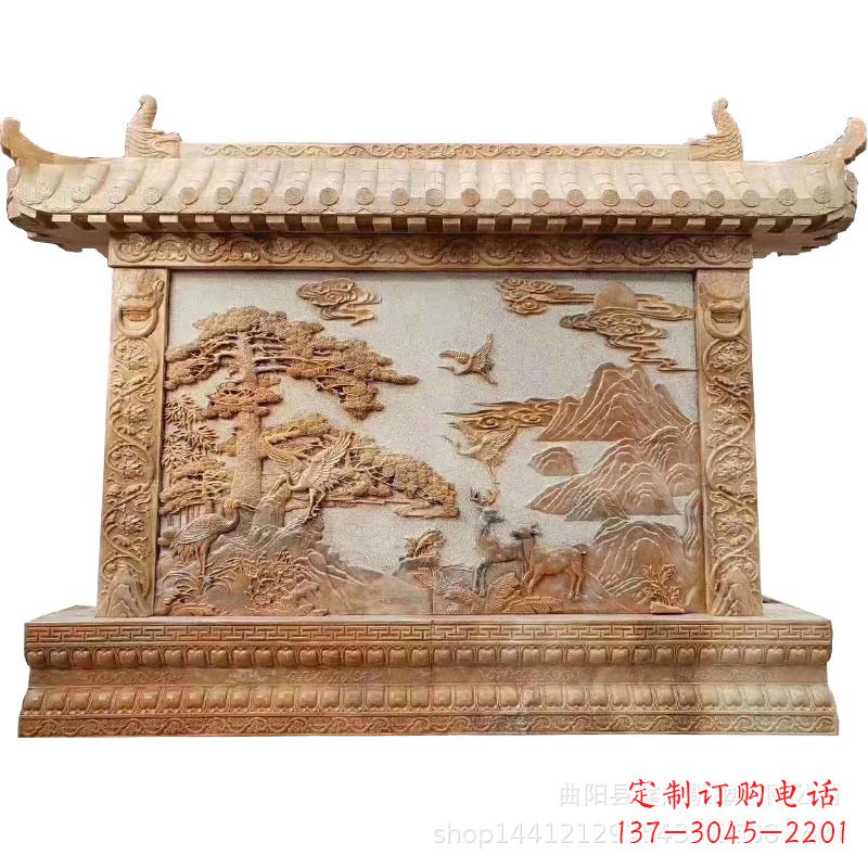绵阳晚霞红迎客松石雕影壁
